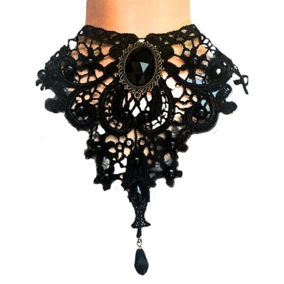 New Victorian Gothic Black Lace Choker Necklace with Gemstone Centerpiece - Picture 2 of 9